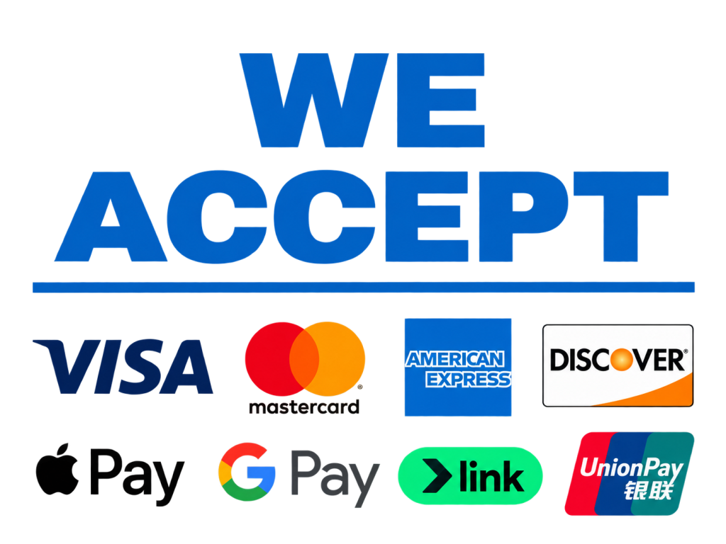 We Accept - Visa, Mastercard, American Express, Discover, Apple Pay, Google Pay, Link and UnionPay payment methods. allai.ae